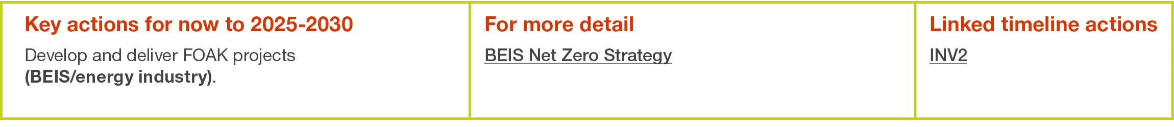 Key actions for now to 2025-2030 Develop and deliver FOAK projects (BEIS energy industry) ,For more detail BEIS Net Z   