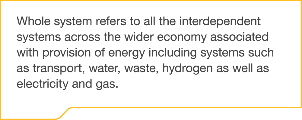 Whole system refers to all the interdependent systems across the wider economy associated with provision of energy in   