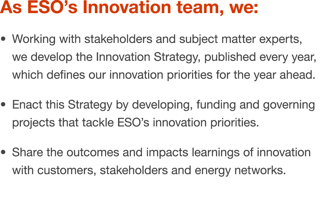 As ESO s Innovation team, we:   Working with stakeholders and subject matter experts, we develop the Innovation Strat   