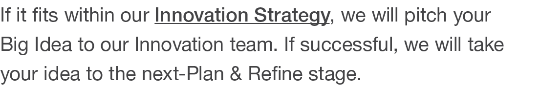 If it fits within our Innovation Strategy, we will pitch your Big Idea to our Innovation team  If successful, we will   