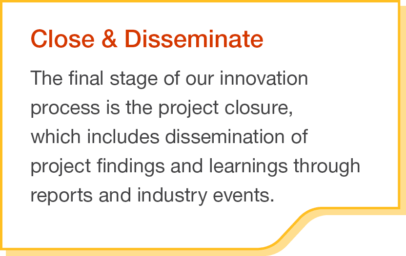 Close & Disseminate The final stage of our innovation process is the project closure, which includes dissemination of   