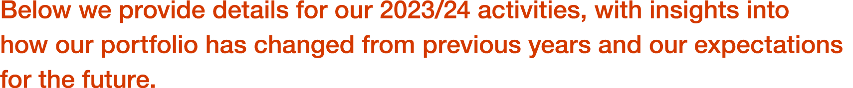 Below we provide details for our 2023/24 activities, with insights into how our portfolio has changed from previous y...