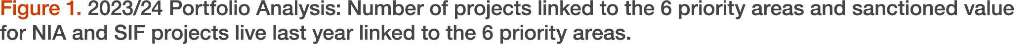 Figure 1. 2023/24 Portfolio Analysis: Number of projects linked to the 6 priority areas and sanctioned value for NIA ...