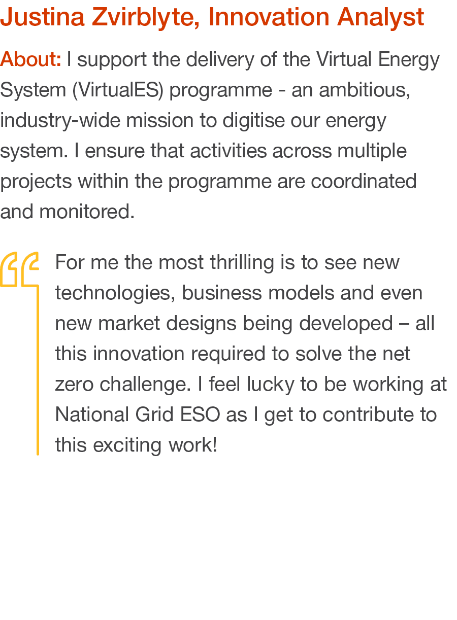 Justina Zvirblyte, Innovation Analyst About: I support the delivery of the Virtual Energy System (VirtualES) programm   
