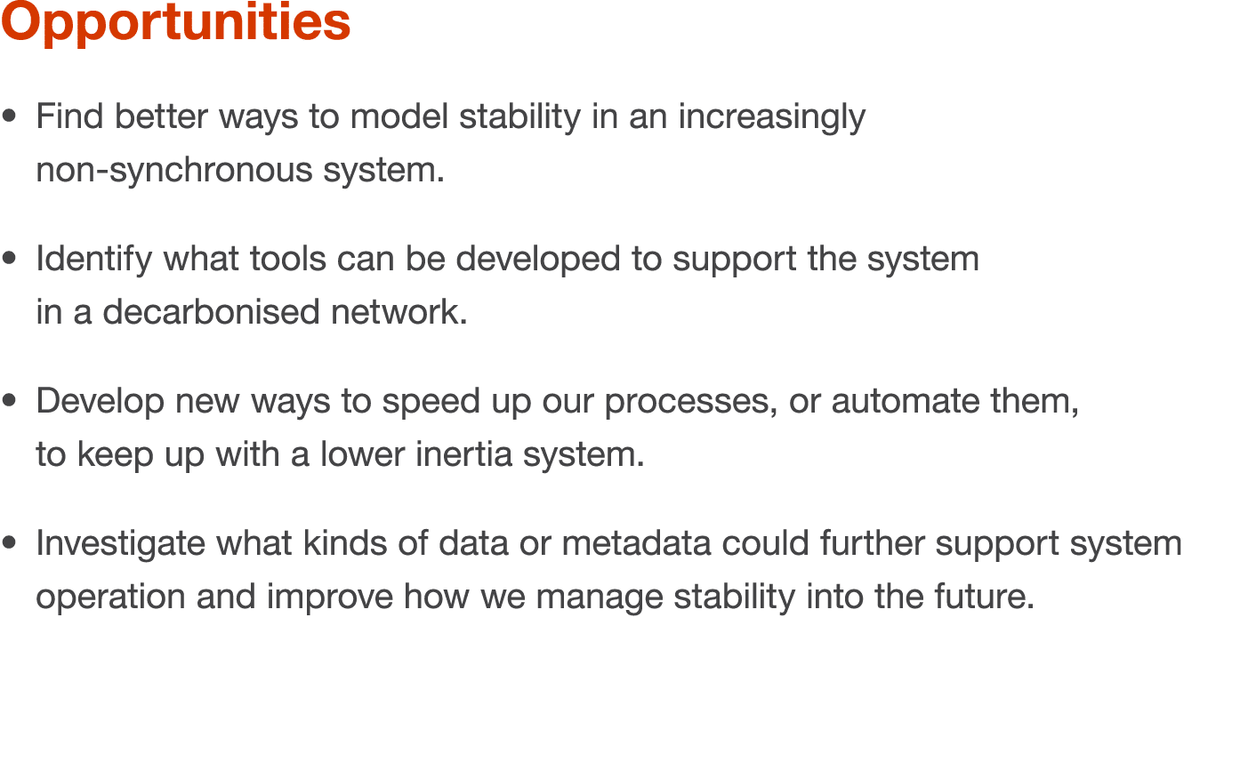 Opportunities  Find better ways to model stability in an increasingly non-synchronous system  Identify what tools can   