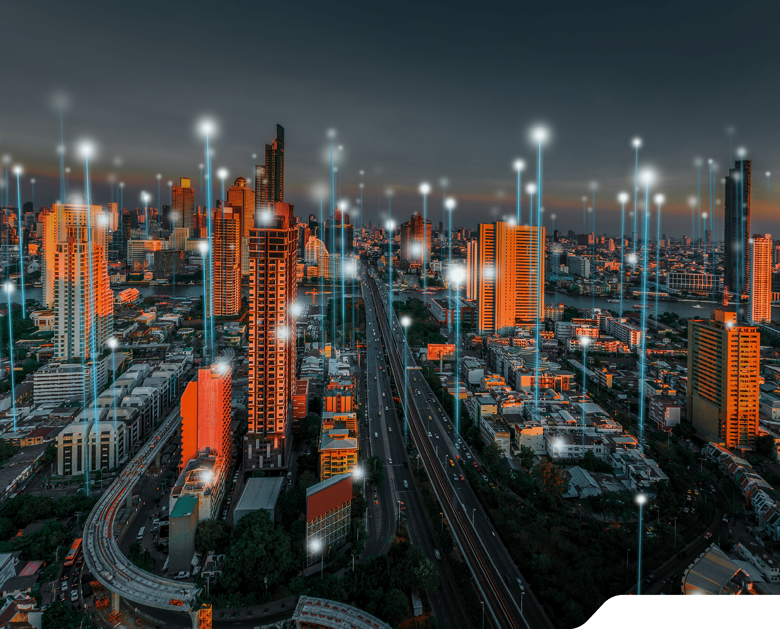 Smart city and dot point connect Modern Telecom System ,Boundless connection technology concept Blue tone